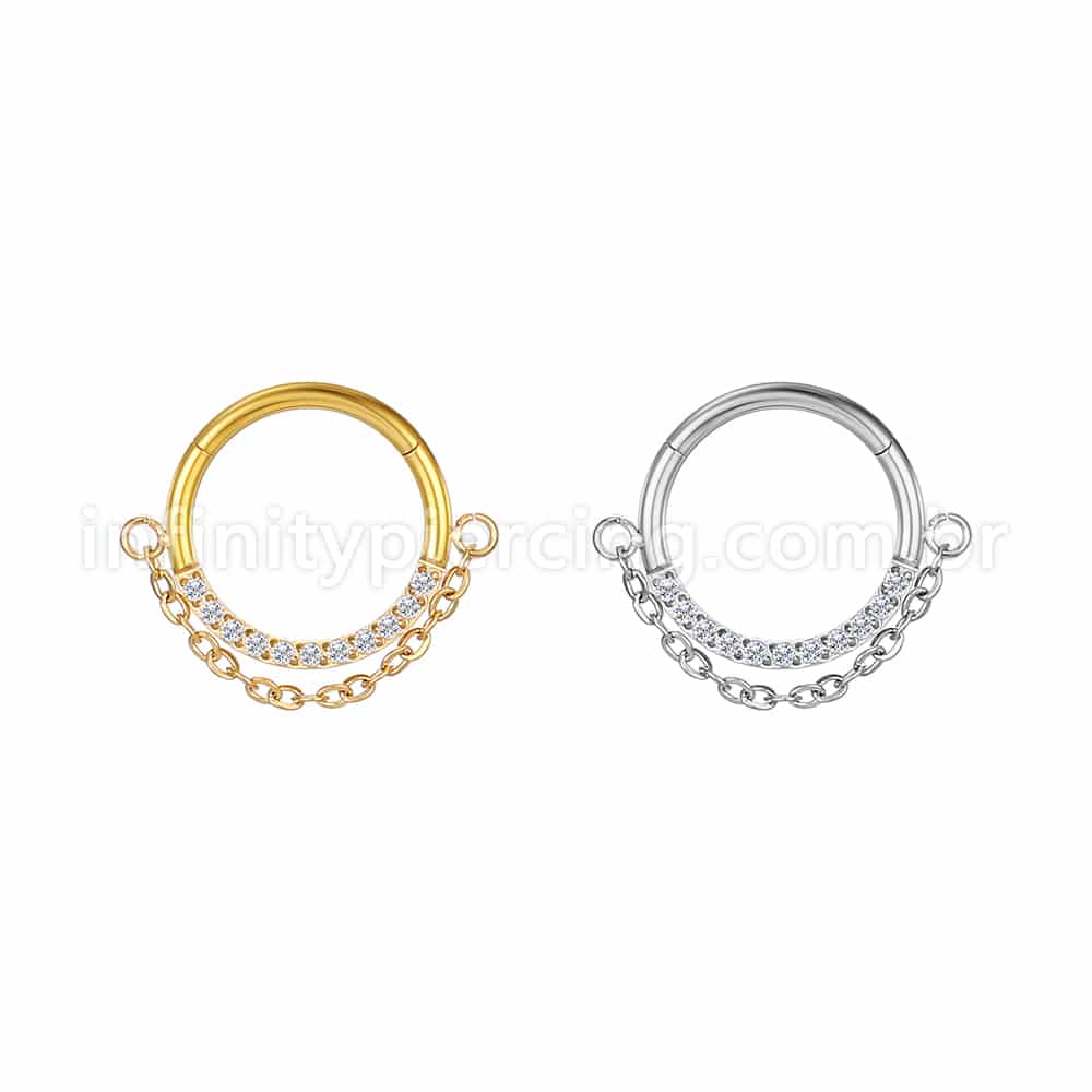 Piercing Argola Aço Cirúrgico Segmento Articulado Zircônia Lateral Corrente